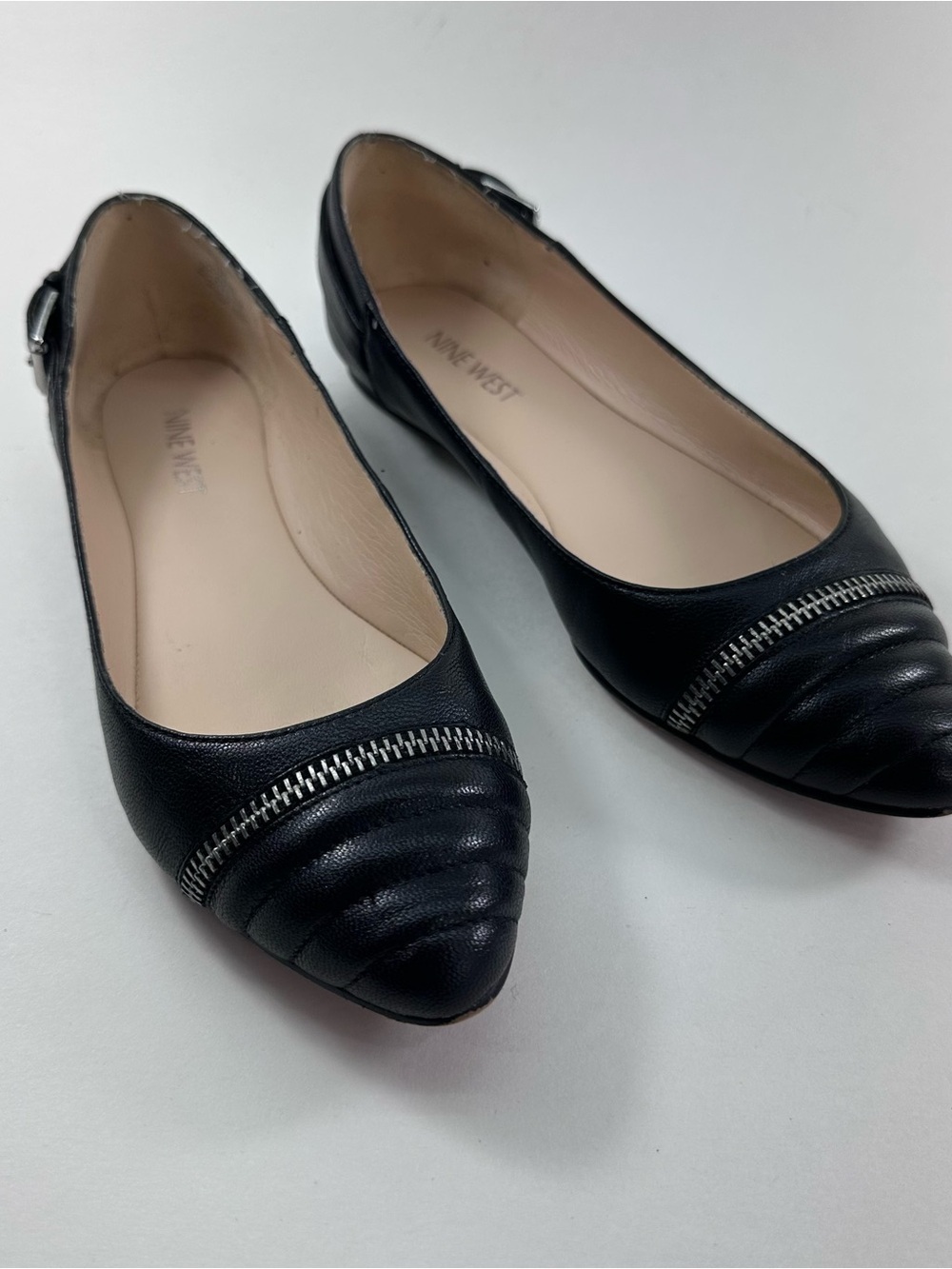 Nine West SAVORY Black Leather Pointed Toe Flats with Silver Zipper Accent